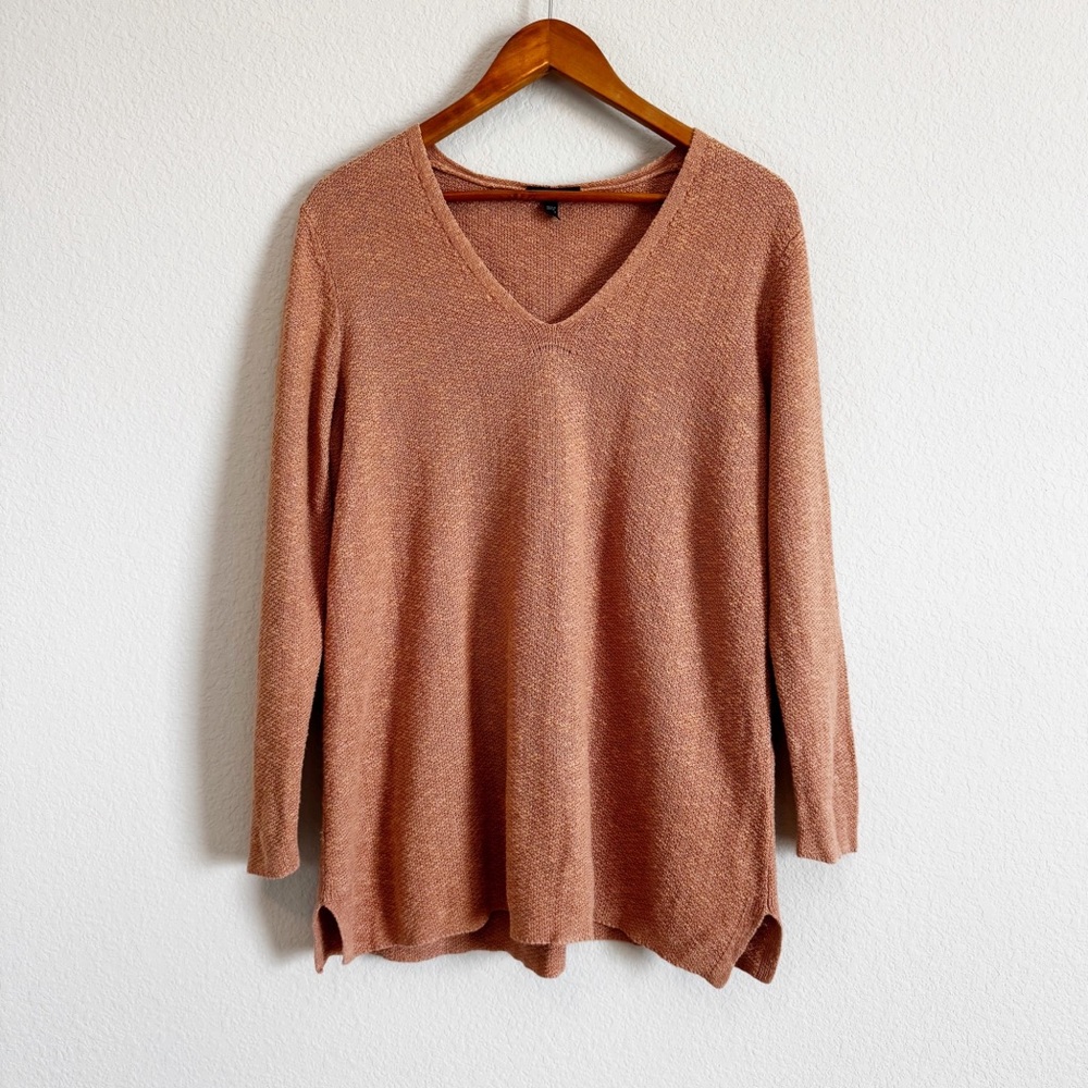 Eileen Fisher Orange Brown Textured Linen Blend V Neck Sweater Top Size Large